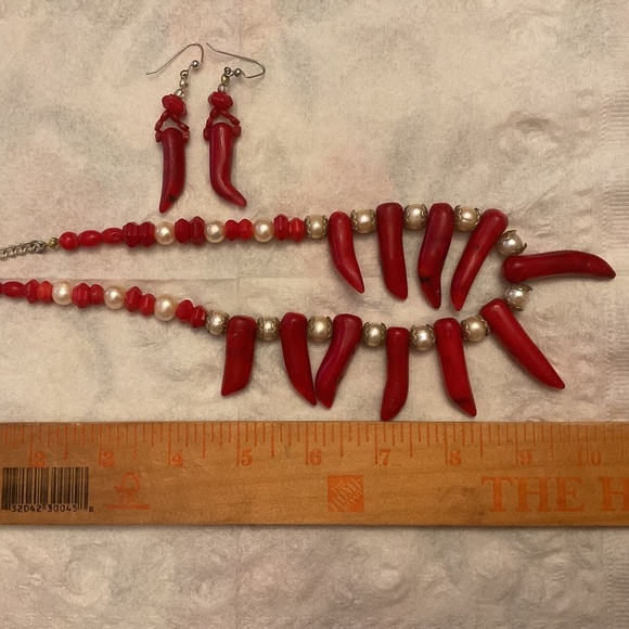 Red Genuine Coral white pearl beads Necklace Earrings set - Picture 7 of 12